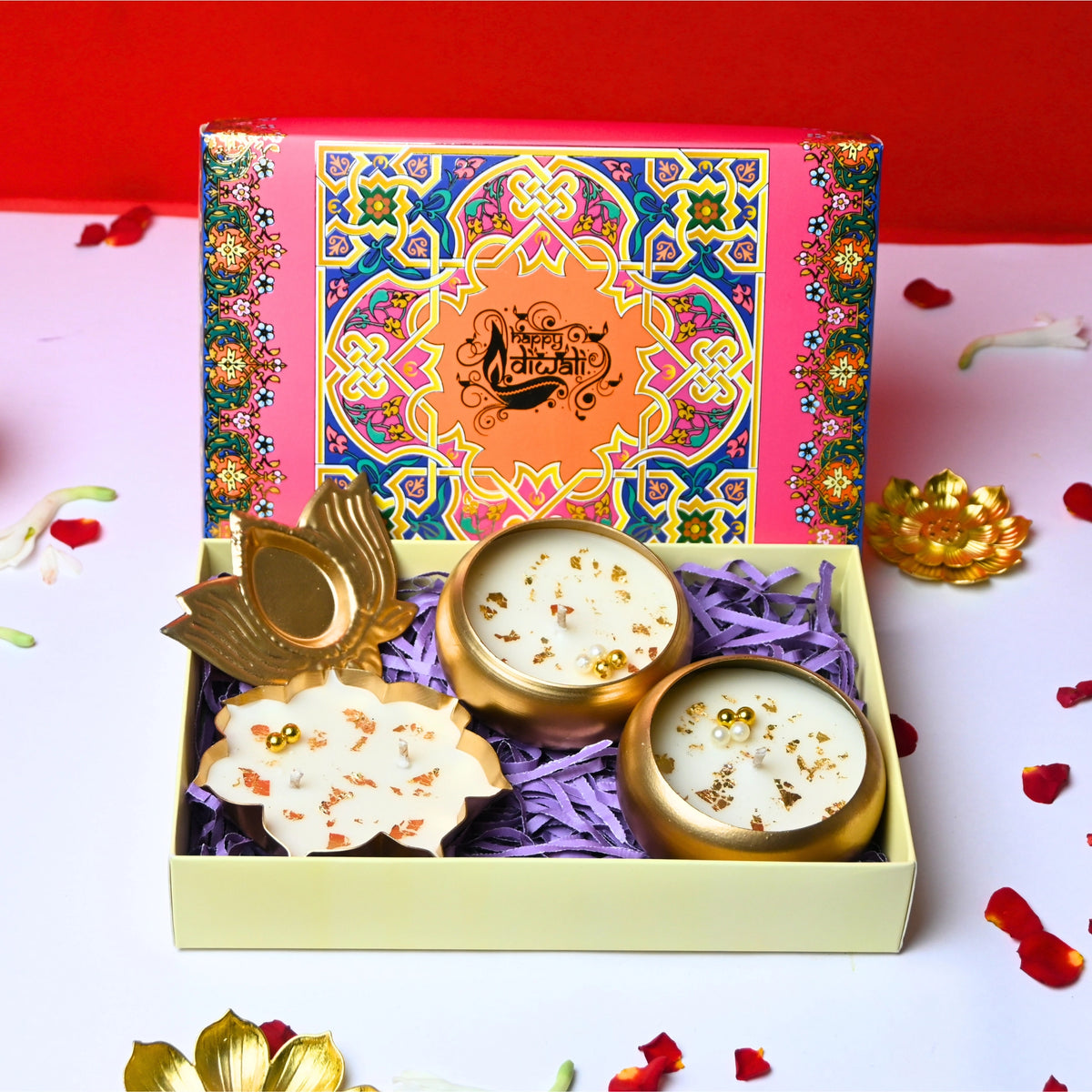 Happy Diwali Hamper 3 - Round and lotus Metal Candles